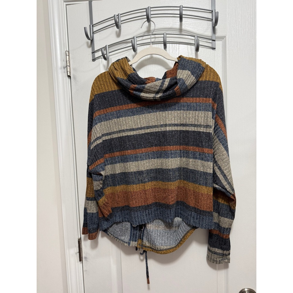 Boho Ariella Womens Striped Ribbed Cowl Neck Sweater Lace Up Back Multi Color L
